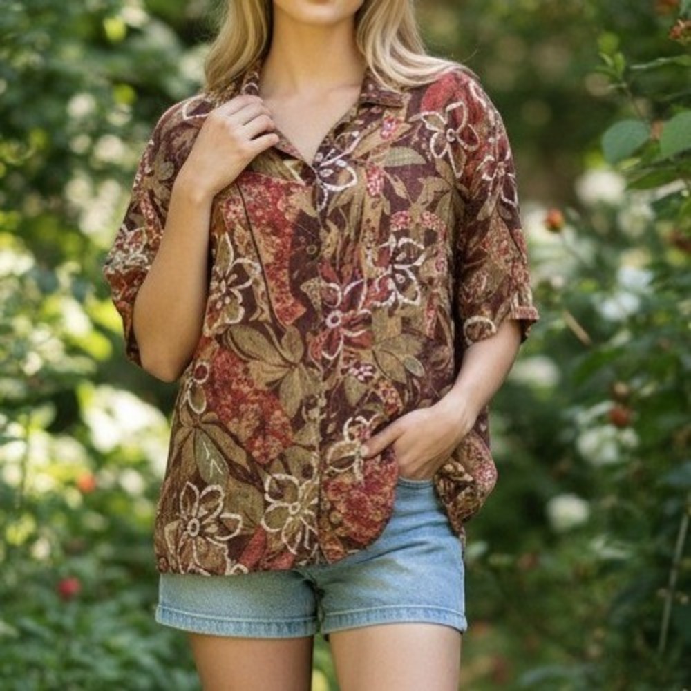 JM Collection (Top) (L) [Brown] EXCELLENT Floral Batik Rayon Button Down